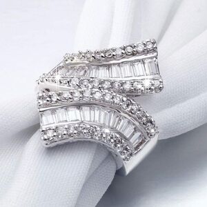 Double Band Baguette Cut Diamonds White Gold Ring Stacked Curved Statement Gift